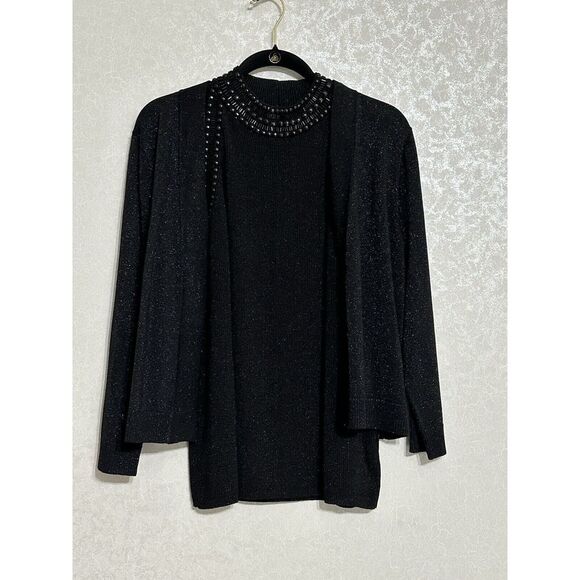 Carmen Black Metallic Sparkle Cardigan & Beaded Neckline Halter Top 2 Piece XL - Picture 1 of 7